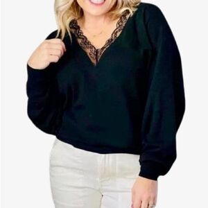 CAbi Union Lace V Neck Dolman Sleeve Sweater in Dark Black Women’s M
